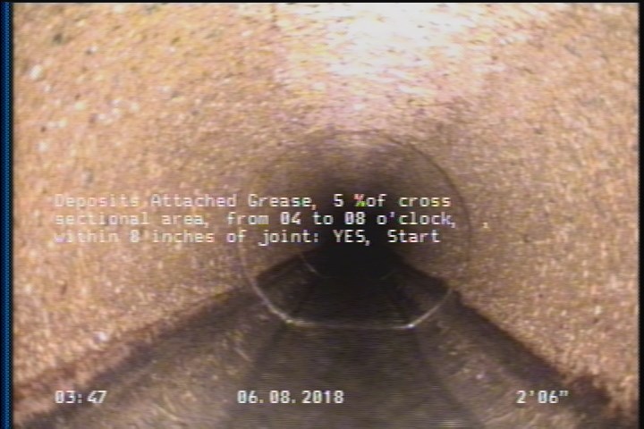 Deposits Attached Grease, 5 %of cross sectional area, from 04 to 08 o'clock, , within 8 inches of joint: YES, Start