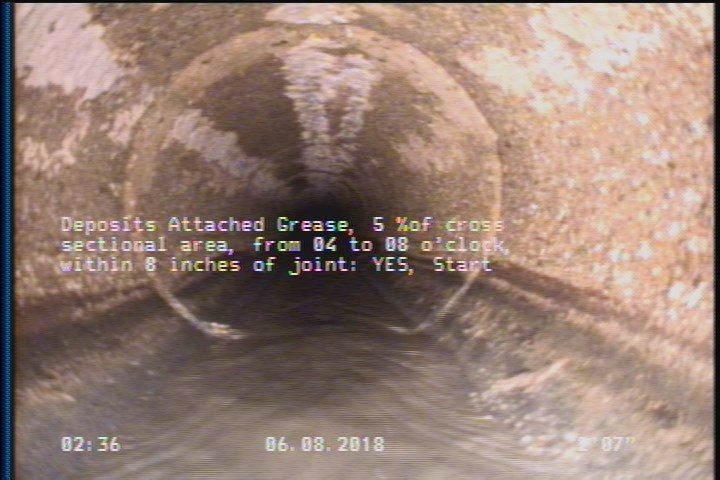 Deposits Attached Grease, 5 %of cross sectional area, from 04 to 08 o'clock, , within 8 inches of joint: YES, Start