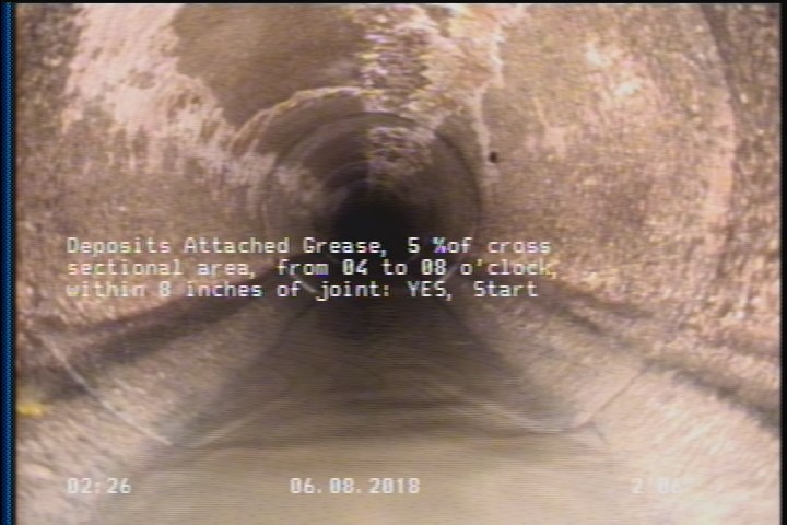 Deposits Attached Grease, 5 %of cross sectional area, from 04 to 08 o'clock, , within 8 inches of joint: YES, Start