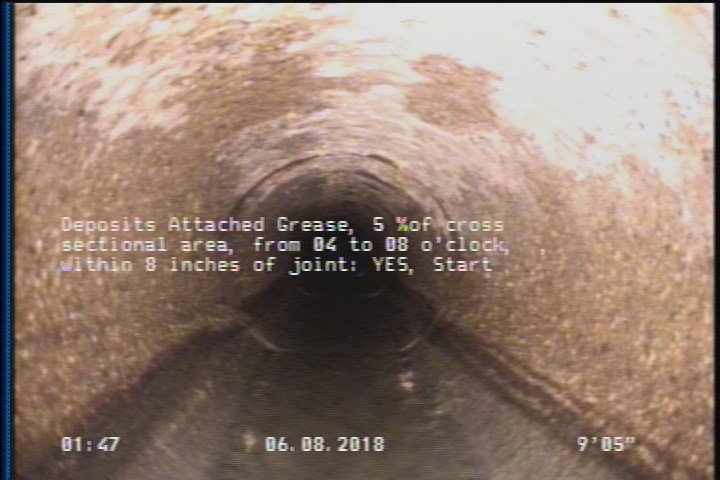 Deposits Attached Grease, 5 %of cross sectional area, from 04 to 08 o'clock, , within 8 inches of joint: YES, Start