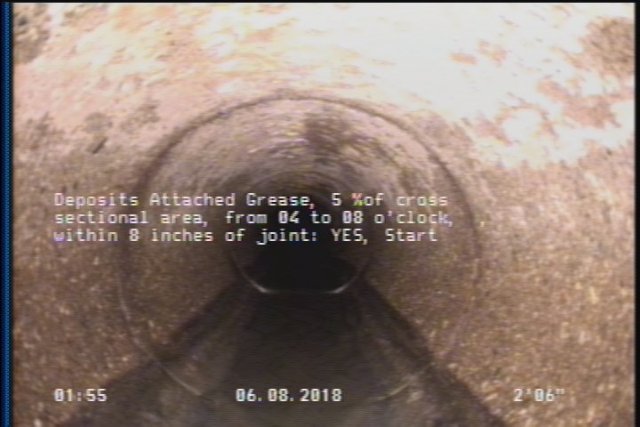 Deposits Attached Grease, 5 %of cross sectional area, from 04 to 08 o'clock, , within 8 inches of joint: YES, Start