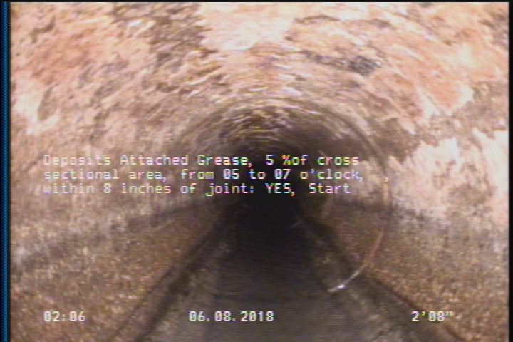 Deposits Attached Grease, 5 %of cross sectional area, from 05 to 07 o'clock, , within 8 inches of joint: YES, Start