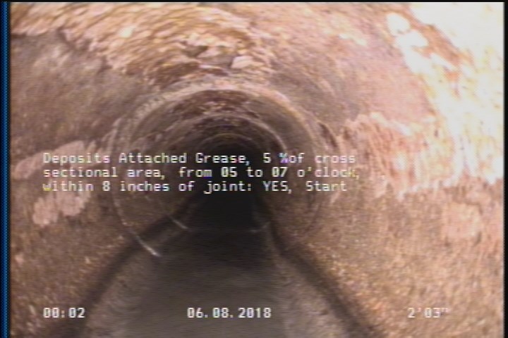 Deposits Attached Grease, 5 %of cross sectional area, from 05 to 07 o'clock, , within 8 inches of joint: YES, Start