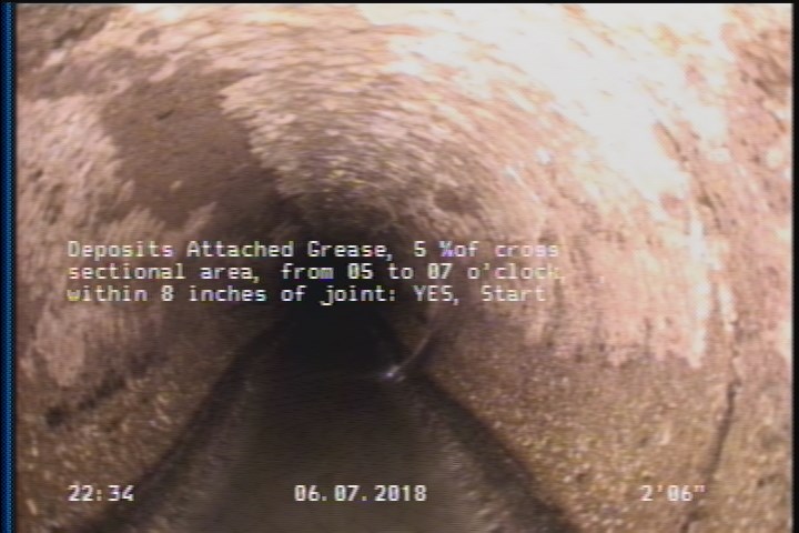 Deposits Attached Grease, 5 %of cross sectional area, from 05 to 07 o'clock, , within 8 inches of joint: YES, Start