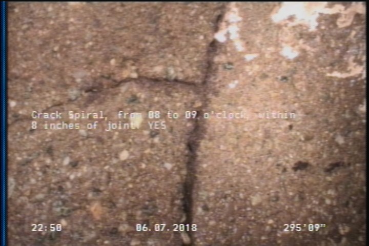 Crack Spiral, from 08 to 09 o'clock, within 8 inches of joint: YES