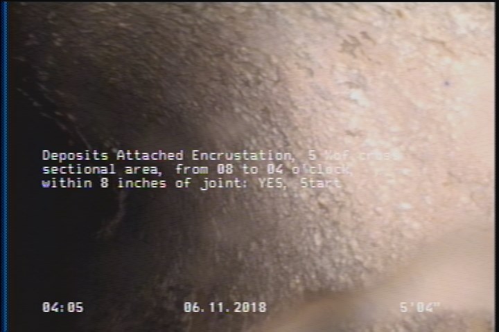 Deposits Attached Encrustation, 5 %of cross sectional area, from 08 to 04 o'clock, , within 8 inches of joint: YES, Start