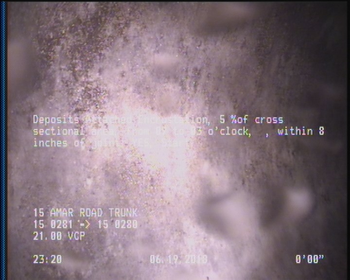 Deposits Attached Encrustation, 5 %of cross sectional area, from 09 to 03 o'clock, , within 8 inches of joint: YES, Start