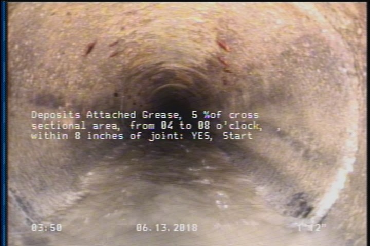 Deposits Attached Grease, 5 %of cross sectional area, from 04 to 08 o'clock, , within 8 inches of joint: YES, Start