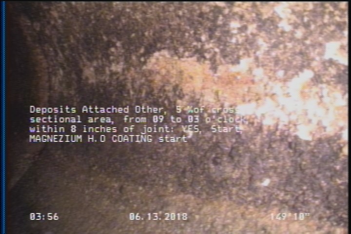 Deposits Attached Other, 5 %of cross sectional area, from 09 to 03 o'clock, , within 8 inches of joint: YES, Start - MAGNEZIUM H.O COATING start