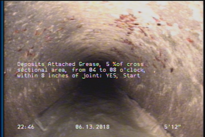 Deposits Attached Grease, 5 %of cross sectional area, from 04 to 08 o'clock, , within 8 inches of joint: YES, Start