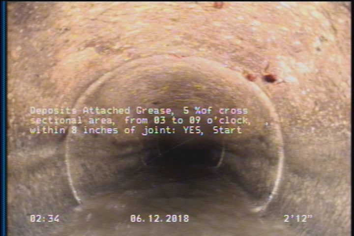 Deposits Attached Grease, 5 %of cross sectional area, from 03 to 09 o'clock, , within 8 inches of joint: YES, Start