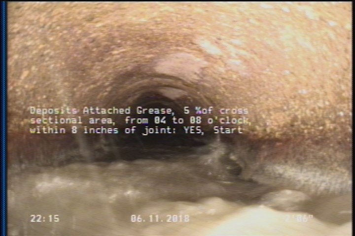 Deposits Attached Grease, 5 %of cross sectional area, from 04 to 08 o'clock, , within 8 inches of joint: YES, Start