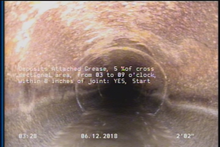 Deposits Attached Grease, 5 %of cross sectional area, from 03 to 09 o'clock, , within 8 inches of joint: YES, Start