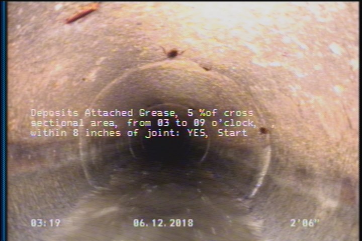 Deposits Attached Grease, 5 %of cross sectional area, from 03 to 09 o'clock, , within 8 inches of joint: YES, Start