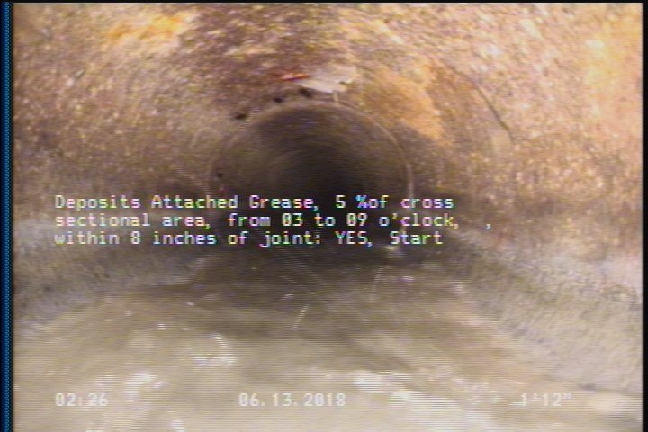 Deposits Attached Grease, 5 %of cross sectional area, from 03 to 09 o'clock, , within 8 inches of joint: YES, Start