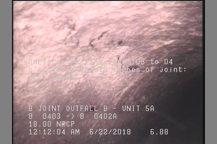 Surface Spalling, from 08 to 04 o'clock, within 8 inches of joint: YES, Start