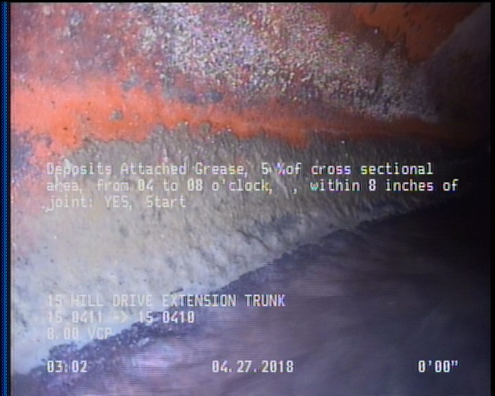 Deposits Attached Grease, 5 %of cross sectional area, from 04 to 08 o'clock, , within 8 inches of joint: YES, Start