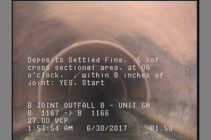 Deposits Settled Fine, 5 %of cross sectional area, at 06 o'clock, , within 8 inches of joint: YES, Start