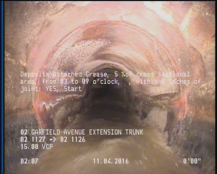 Deposits Attached Grease, 5 %of cross sectional area, from 03 to 09 o'clock, , within 8 inches of joint: YES, Start