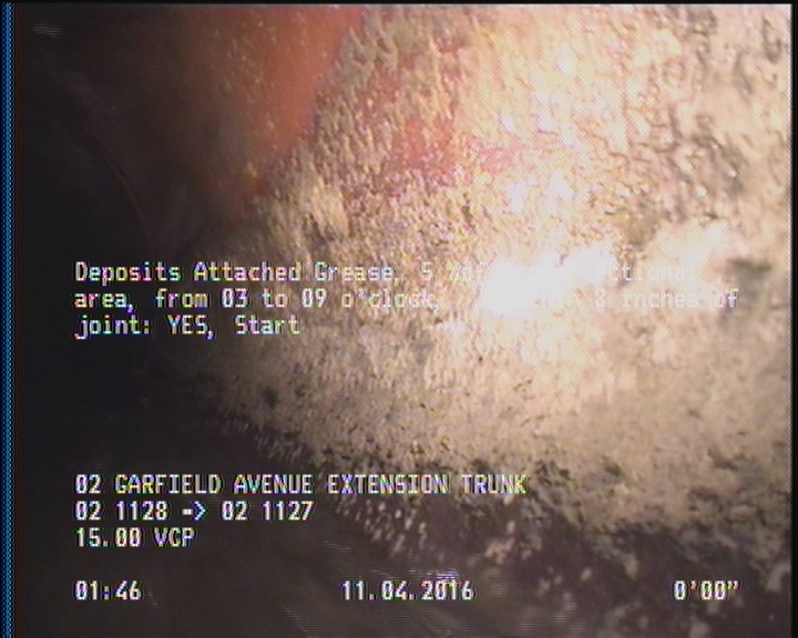 Deposits Attached Grease, 5 %of cross sectional area, from 03 to 09 o'clock, , within 8 inches of joint: YES, Start