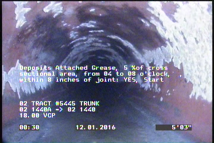 Deposits Attached Grease, 5 %of cross sectional area, from 04 to 08 o'clock, , within 8 inches of joint: YES, Start