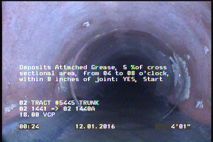 Deposits Attached Grease, 5 %of cross sectional area, from 04 to 08 o'clock, , within 8 inches of joint: YES, Start