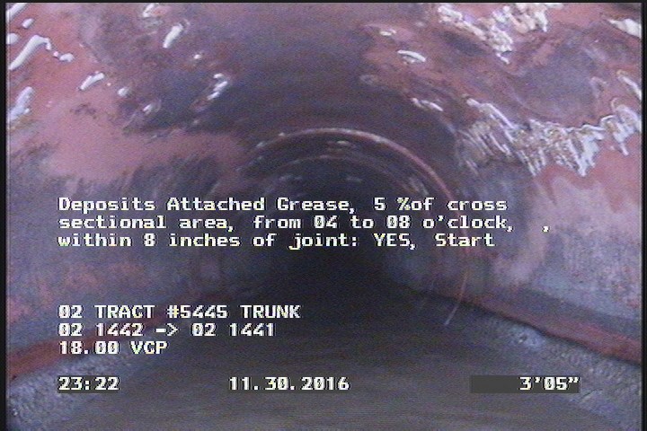 Deposits Attached Grease, 5 %of cross sectional area, from 04 to 08 o'clock, , within 8 inches of joint: YES, Start