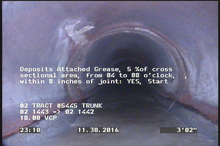 Deposits Attached Grease, 5 %of cross sectional area, from 04 to 08 o'clock, , within 8 inches of joint: YES, Start