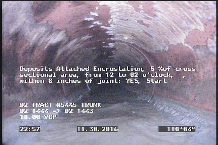 Deposits Attached Encrustation, 5 %of cross sectional area, from 12 to 02 o'clock, , within 8 inches of joint: YES, Start