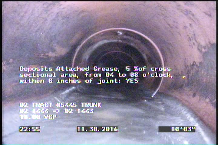 Deposits Attached Grease, 5 %of cross sectional area, from 04 to 08 o'clock, , within 8 inches of joint: YES, Start