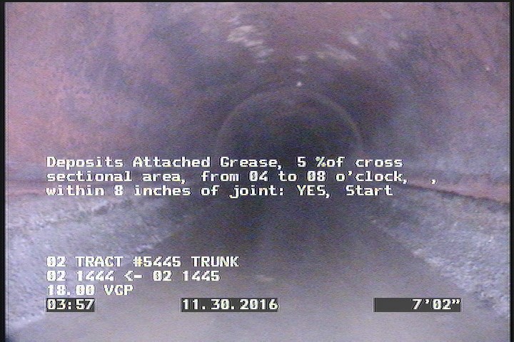 Deposits Attached Grease, 5 %of cross sectional area, from 04 to 08 o'clock, , within 8 inches of joint: YES, Start