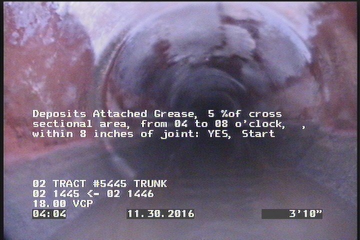 Deposits Attached Grease, 5 %of cross sectional area, from 04 to 08 o'clock, , within 8 inches of joint: YES, Start
