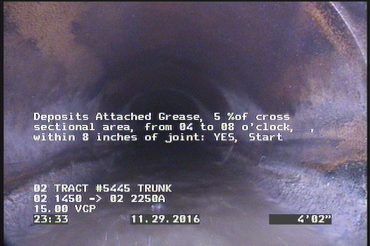 Deposits Attached Grease, 5 %of cross sectional area, from 04 to 08 o'clock, , within 8 inches of joint: YES, Start