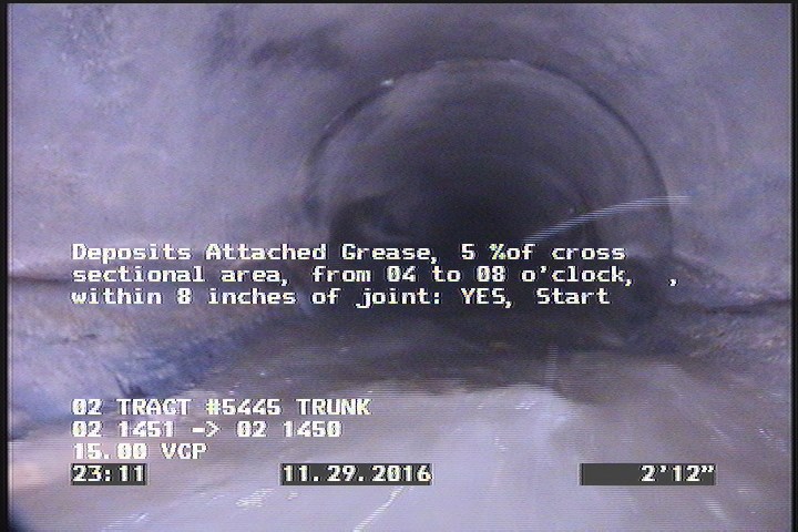 Deposits Attached Grease, 5 %of cross sectional area, from 04 to 08 o'clock, , within 8 inches of joint: YES, Start