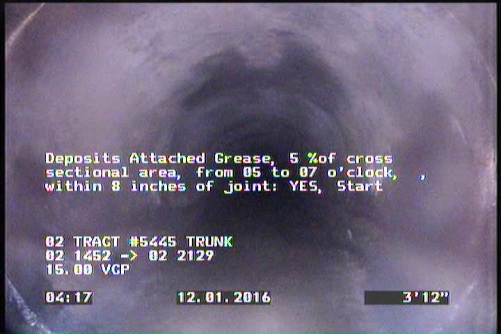 Deposits Attached Grease, 5 %of cross sectional area, from 05 to 07 o'clock, , within 8 inches of joint: YES, Start
