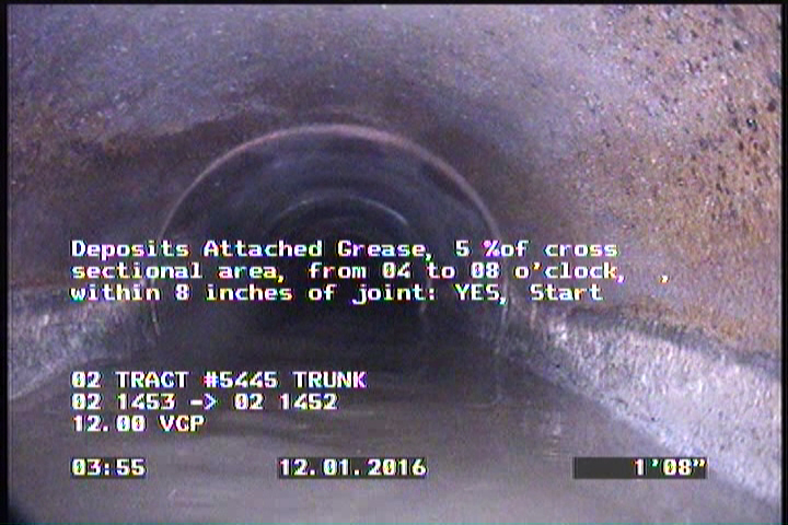 Deposits Attached Grease, 5 %of cross sectional area, from 04 to 08 o'clock, , within 8 inches of joint: YES, Start