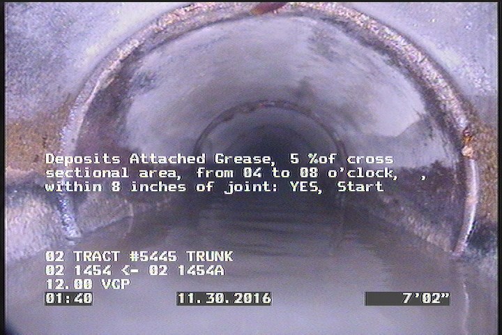Deposits Attached Grease, 5 %of cross sectional area, from 04 to 08 o'clock, , within 8 inches of joint: YES, Start