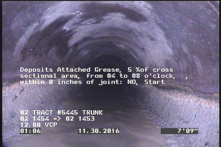 Deposits Attached Grease, 5 %of cross sectional area, from 04 to 08 o'clock, , within 8 inches of joint: NO, Start