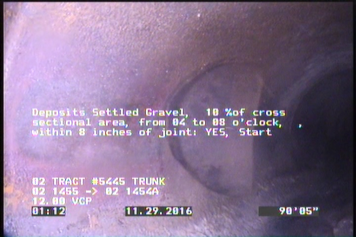 Deposits Settled Gravel, 10 %of cross sectional area, from 04 to 08 o'clock, , within 8 inches of joint: YES, Start