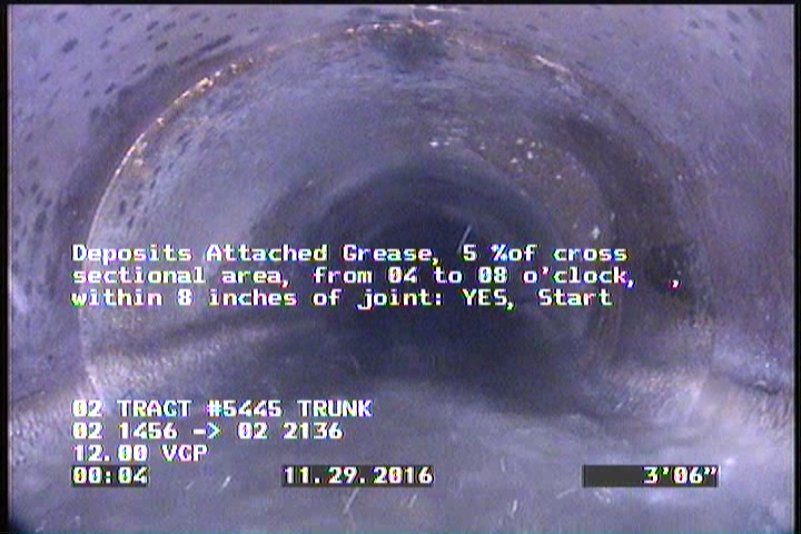 Deposits Attached Grease, 5 %of cross sectional area, from 04 to 08 o'clock, , within 8 inches of joint: YES, Start