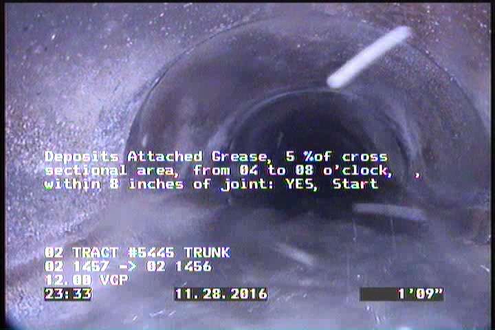 Deposits Attached Grease, 5 %of cross sectional area, from 04 to 08 o'clock, , within 8 inches of joint: YES, Start