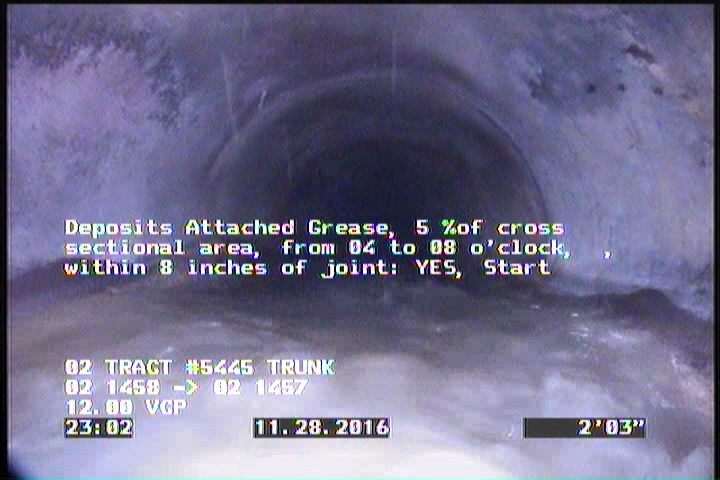 Deposits Attached Grease, 5 %of cross sectional area, from 04 to 08 o'clock, , within 8 inches of joint: YES, Start