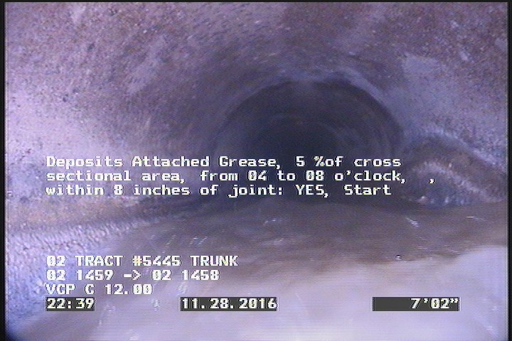 Deposits Attached Grease, 5 %of cross sectional area, from 04 to 08 o'clock, , within 8 inches of joint: YES, Start