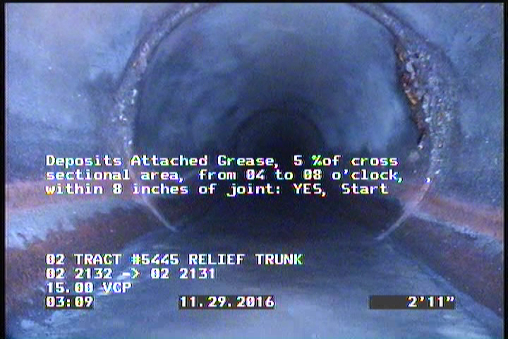 Deposits Attached Grease, 5 %of cross sectional area, from 04 to 08 o'clock, , within 8 inches of joint: YES, Start