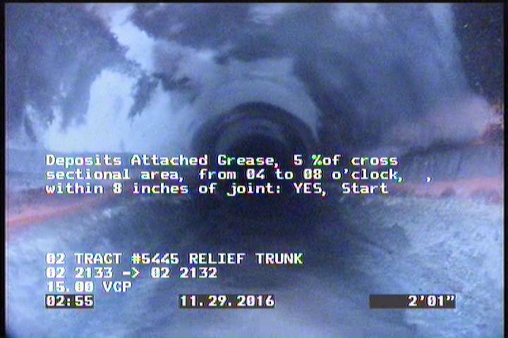 Deposits Attached Grease, 5 %of cross sectional area, from 04 to 08 o'clock, , within 8 inches of joint: YES, Start