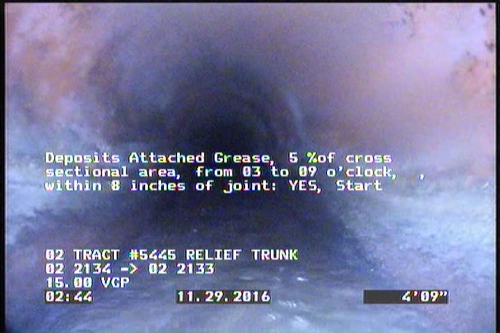 Deposits Attached Grease, 5 %of cross sectional area, from 03 to 09 o'clock, , within 8 inches of joint: YES, Start