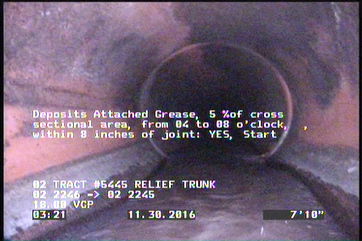 Deposits Attached Grease, 5 %of cross sectional area, from 04 to 08 o'clock, , within 8 inches of joint: YES, Start