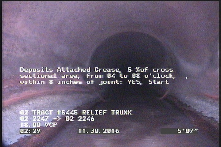 Deposits Attached Grease, 5 %of cross sectional area, from 04 to 08 o'clock, , within 8 inches of joint: YES, Start