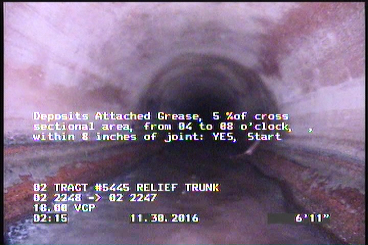Deposits Attached Grease, 5 %of cross sectional area, from 04 to 08 o'clock, , within 8 inches of joint: YES, Start