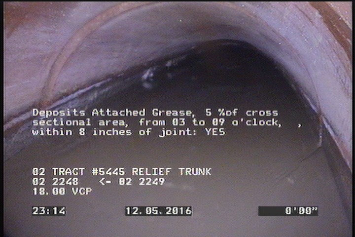 Deposits Attached Grease, 5 %of cross sectional area, from 03 to 09 o'clock, , within 8 inches of joint: YES